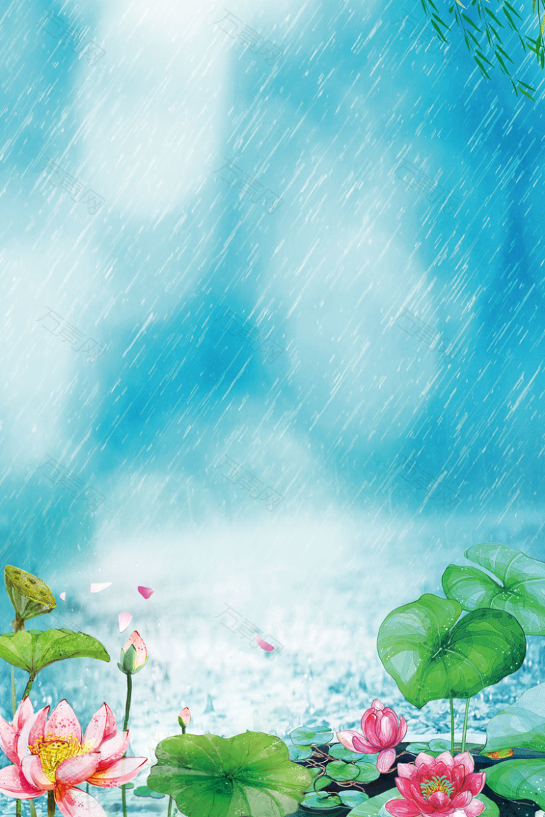 清新雨水二十四节气手绘荷花海报