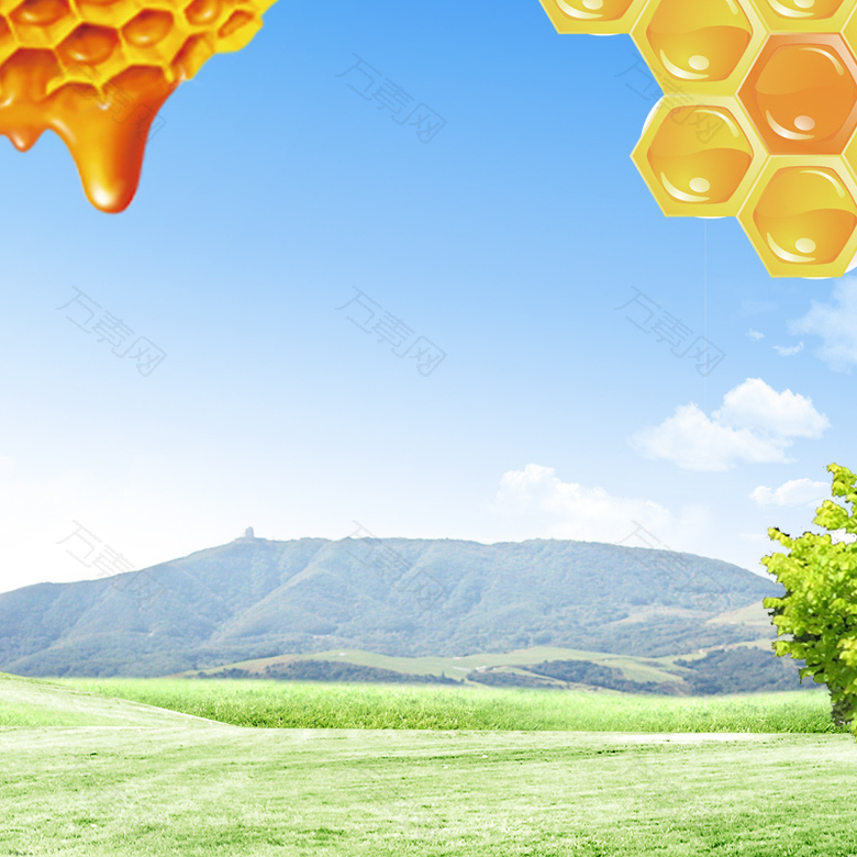 蓝天草地蜂巢蜂蜜PSD分层主图背景素材