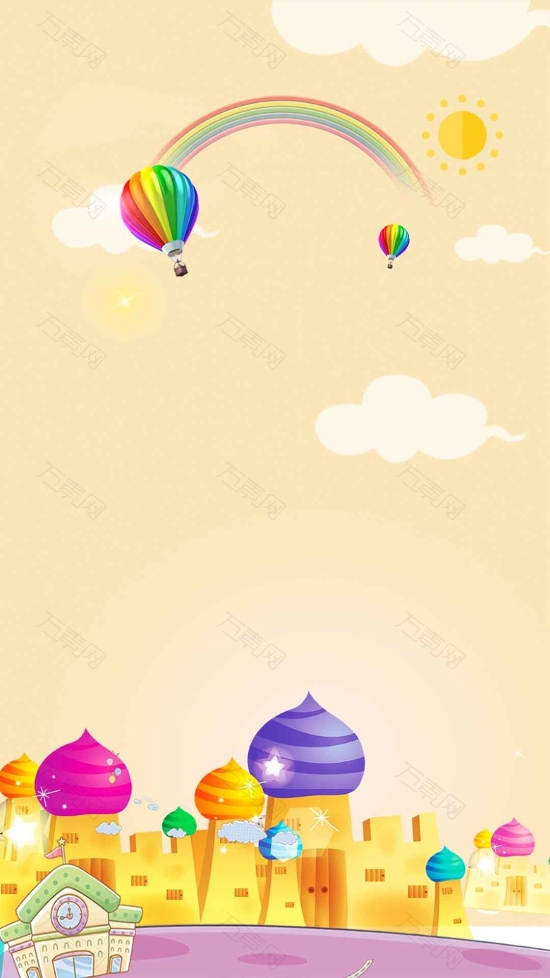 小孩黄色彩虹热气球商业H5背景素