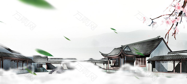 中国风建筑桃花绿叶文艺黑白背景