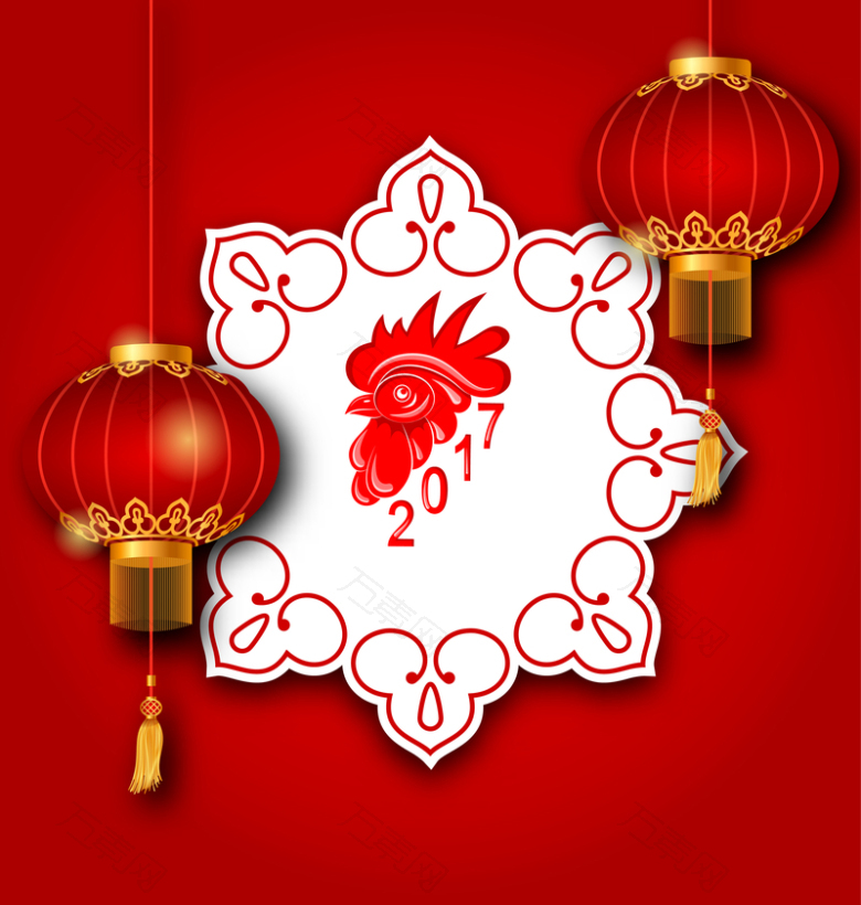 春节中国风灯笼公鸡剪纸背景素材
