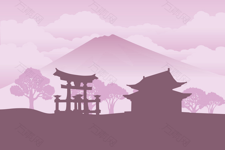 水彩卡通扁平日本日式寺庙剪影旅游背景素材