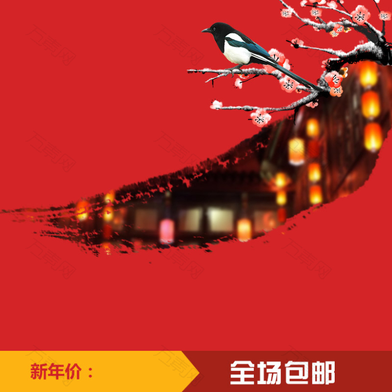 红色中国风花鸟主图背景素材