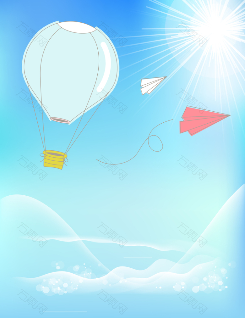 清新蓝天白云热汽球纸飞机海报背景