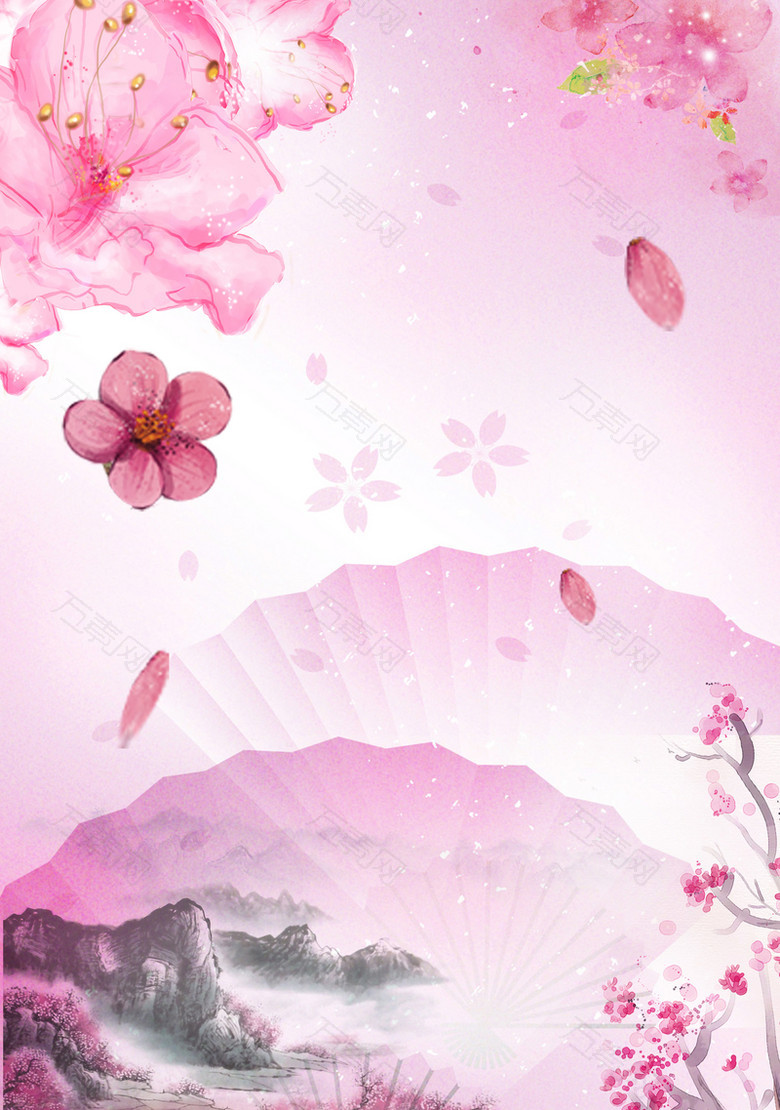粉色浪漫古风山水水墨漂浮花瓣风景背景素材