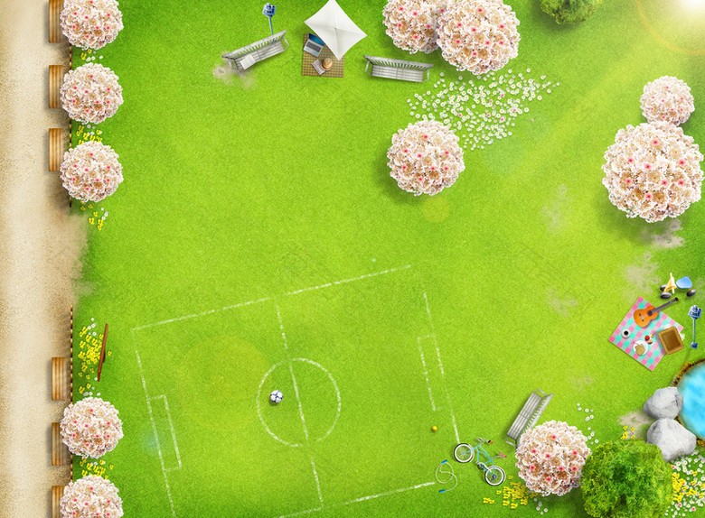 布满白色花朵的草地上的足球场