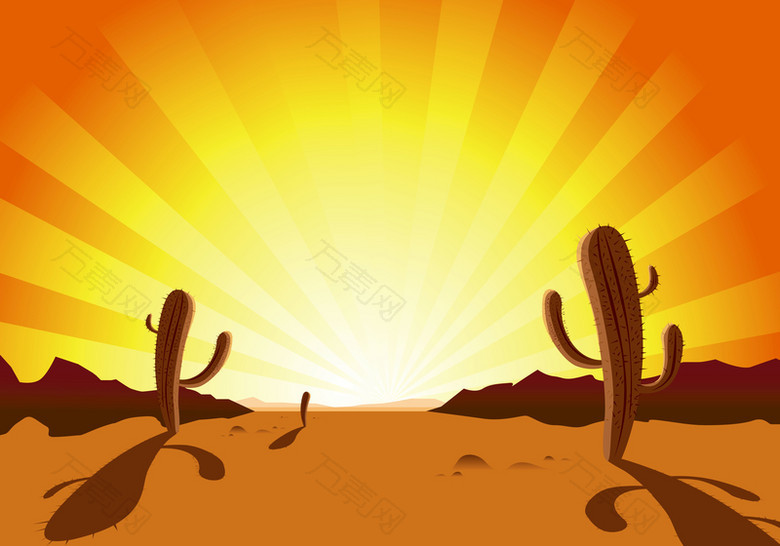 矢量卡通手绘落日沙漠仙人掌背景