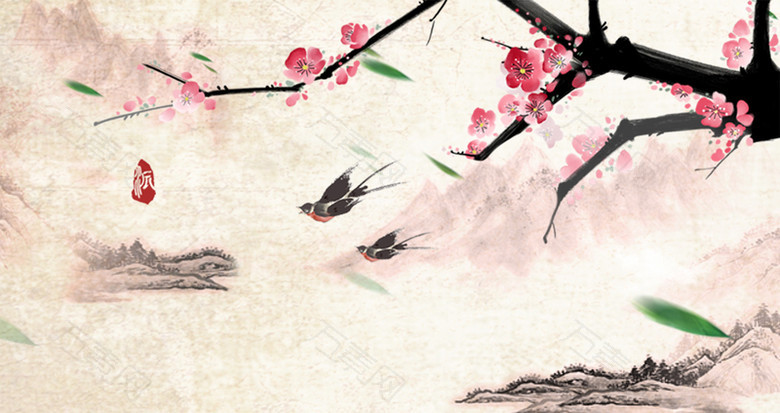中国风山水鸟语花香背景素材