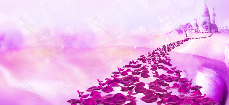 紫色花瓣城堡梦幻浪漫婚礼海报背景素材