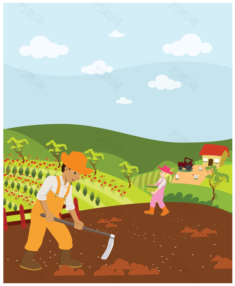 劳动节卡通插画农村景观海报背景素材
