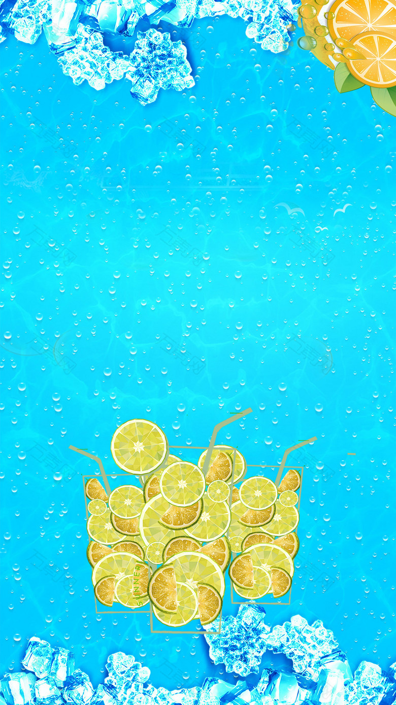 夏日冰块柠檬水果饮料蓝色背景
