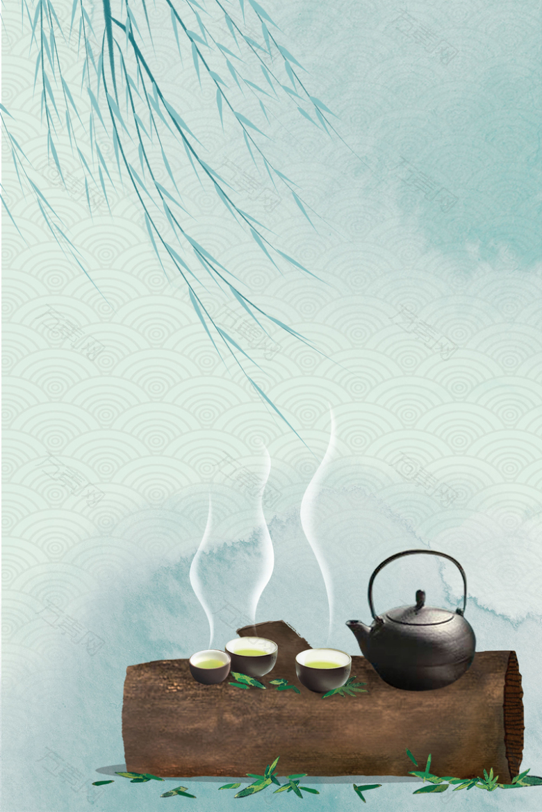中国风水彩画茶文化海报背景素材