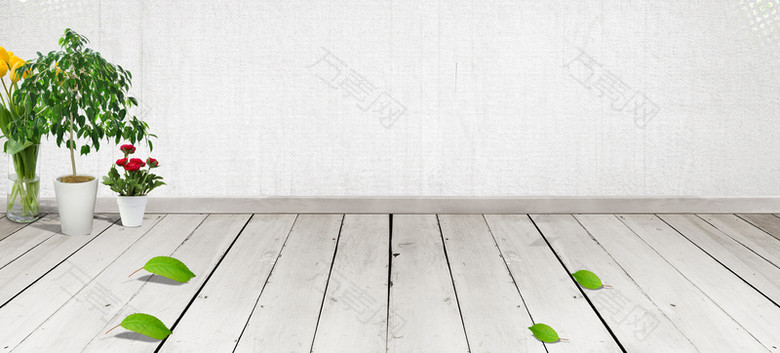 清新简约绿叶现代木板纹理平面广告
