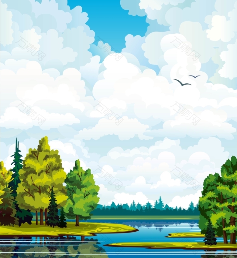 矢量手绘湖泊森林蓝天背景素材