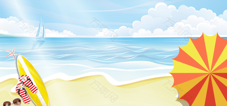 海边度假卡通童趣冲浪蓝色阳光背景
