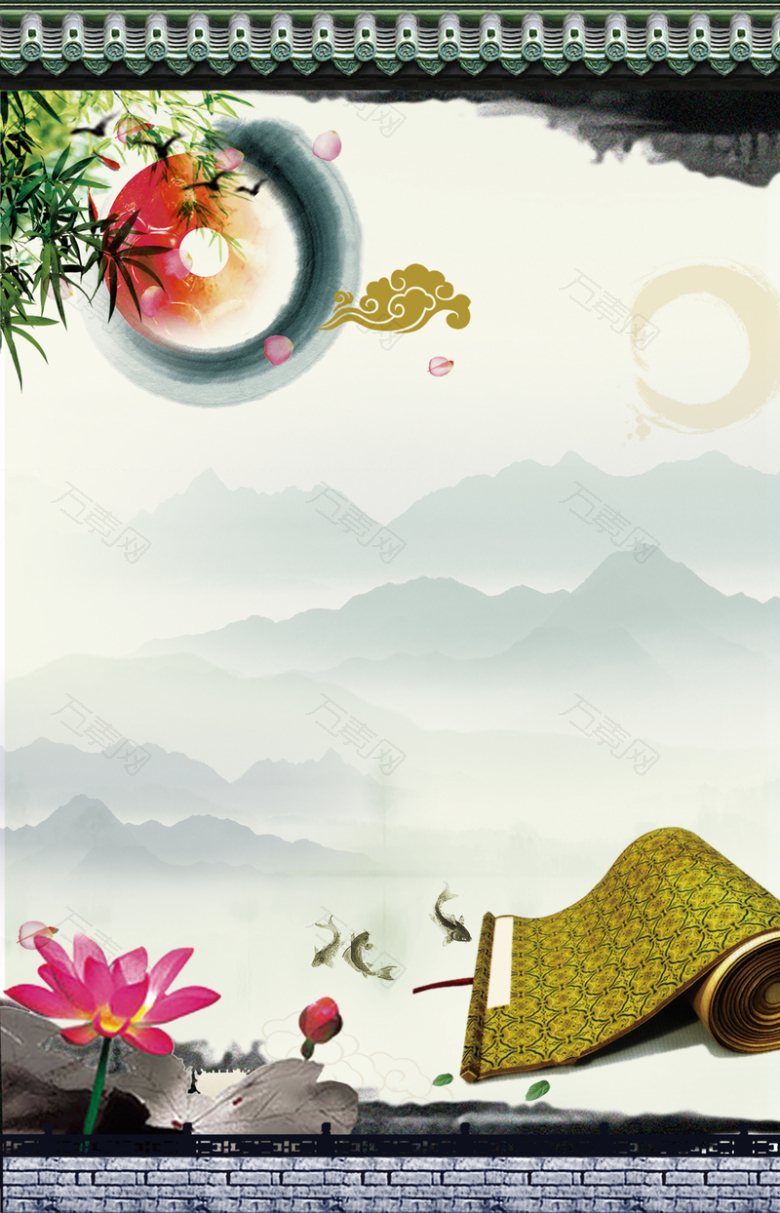 中国风屋檐书卷文化墙展海报背景素材