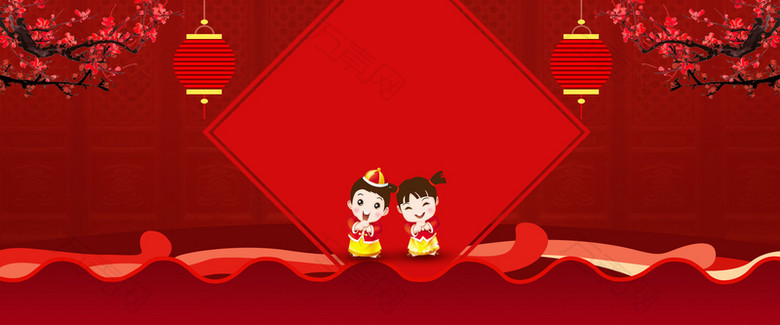 2022虎年春节小孩纹理红色banner背景