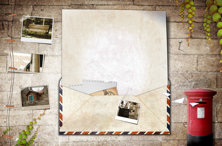 欧式复古信封信件信纸信箱砖墙叶子背景素材