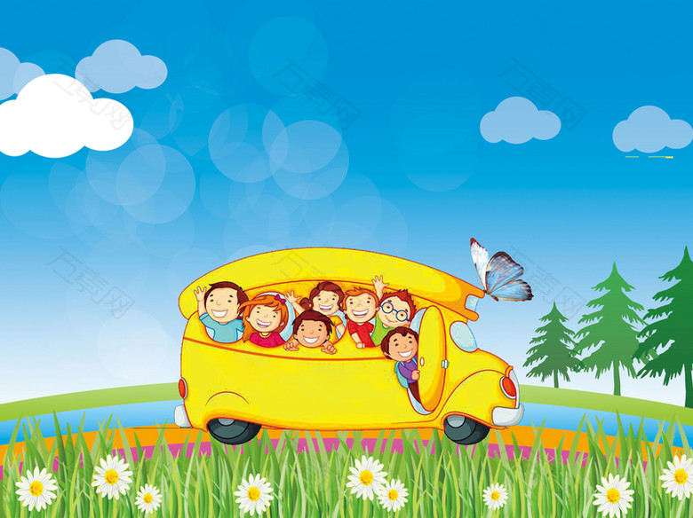 六一儿童节卡通儿童汽车郊游海报背景