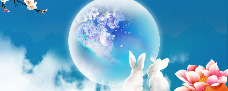 中国风圆月玉兔卡通蓝色背景