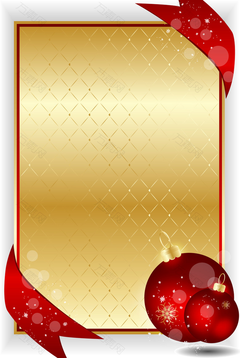 金色格子红色丝带圣诞球背景素材