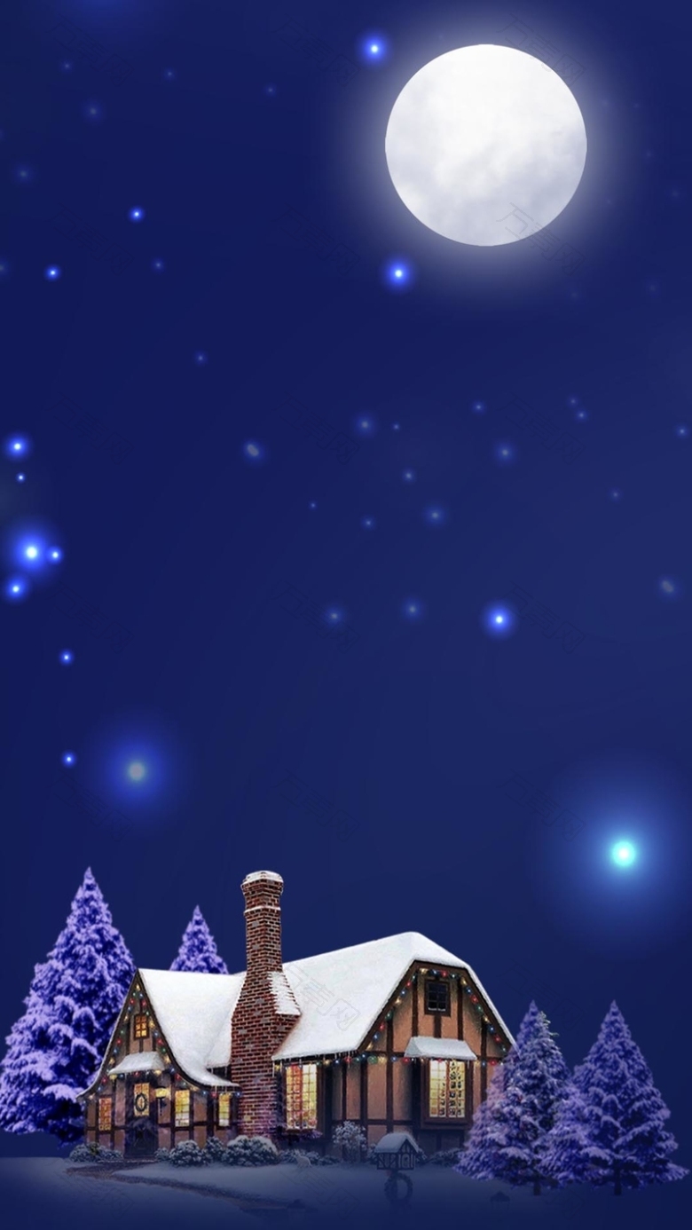 紫色天空星星月光房屋圣诞树平安夜