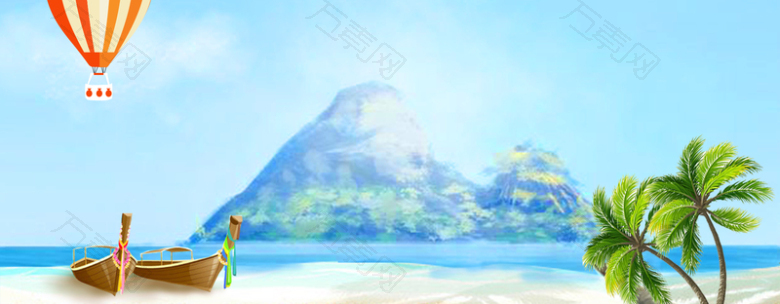 暑假海边度假卡通热气球蓝天背景