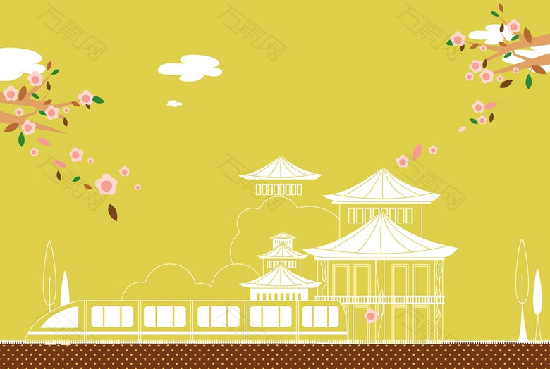 矢量手绘旅游日本樱花背景素材