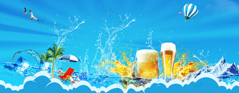 夏天啤酒节浪花蓝色热气球背景