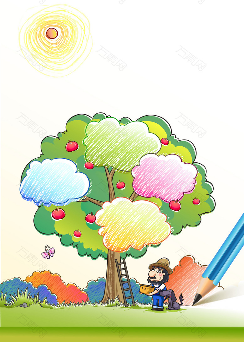 手绘铅笔农夫苹果树秋季收获卡通背景
