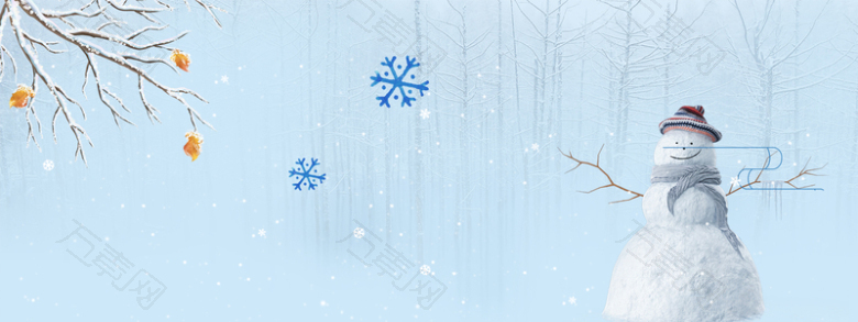 冬天堆雪人卡通树叶蓝色banner