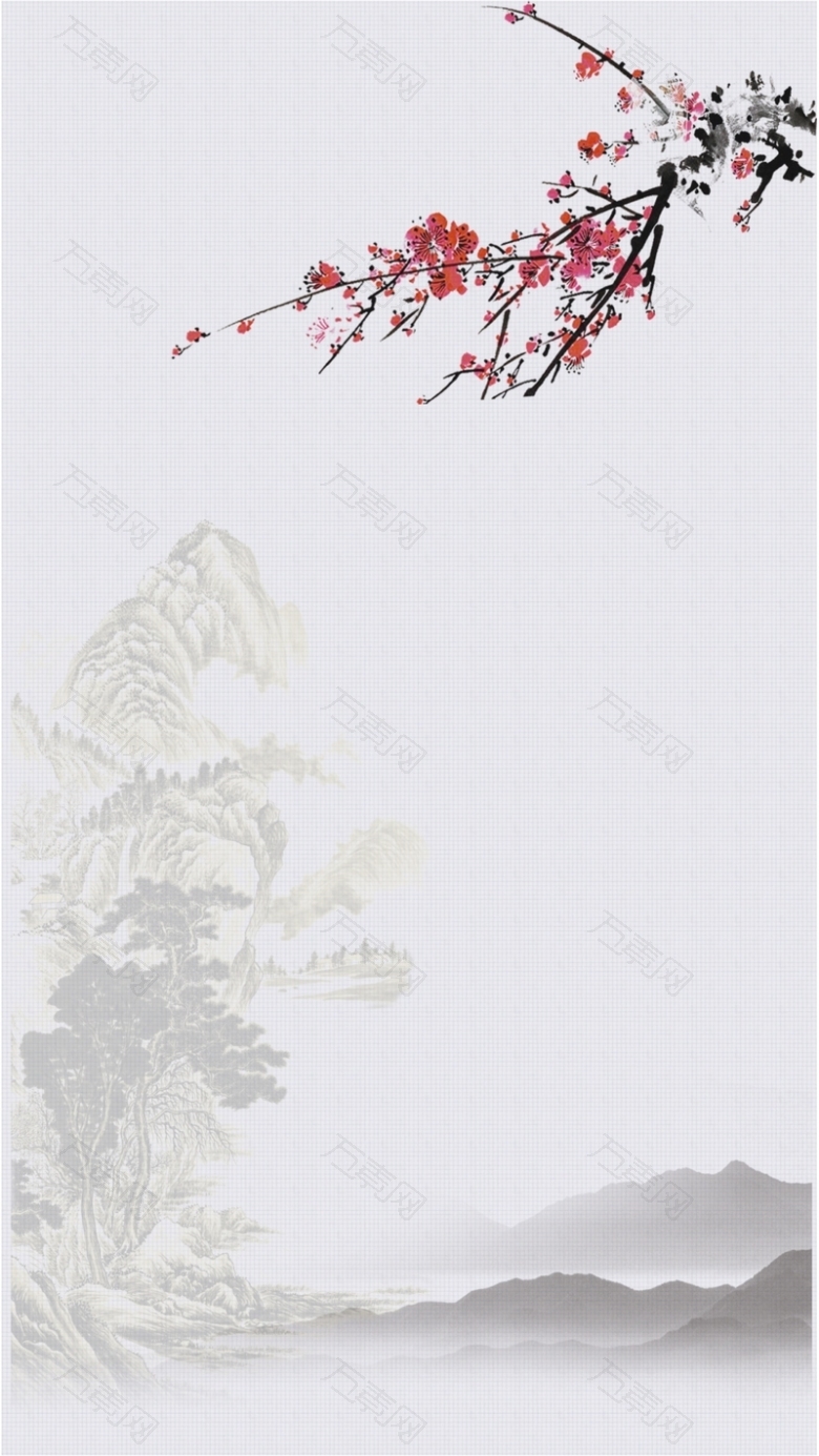 中国风灰底远山红色梅花矢量H5背景素材