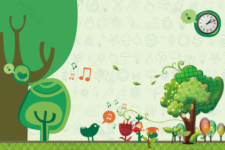 绿色卡通手绘欢乐植树节主题海报背景素材