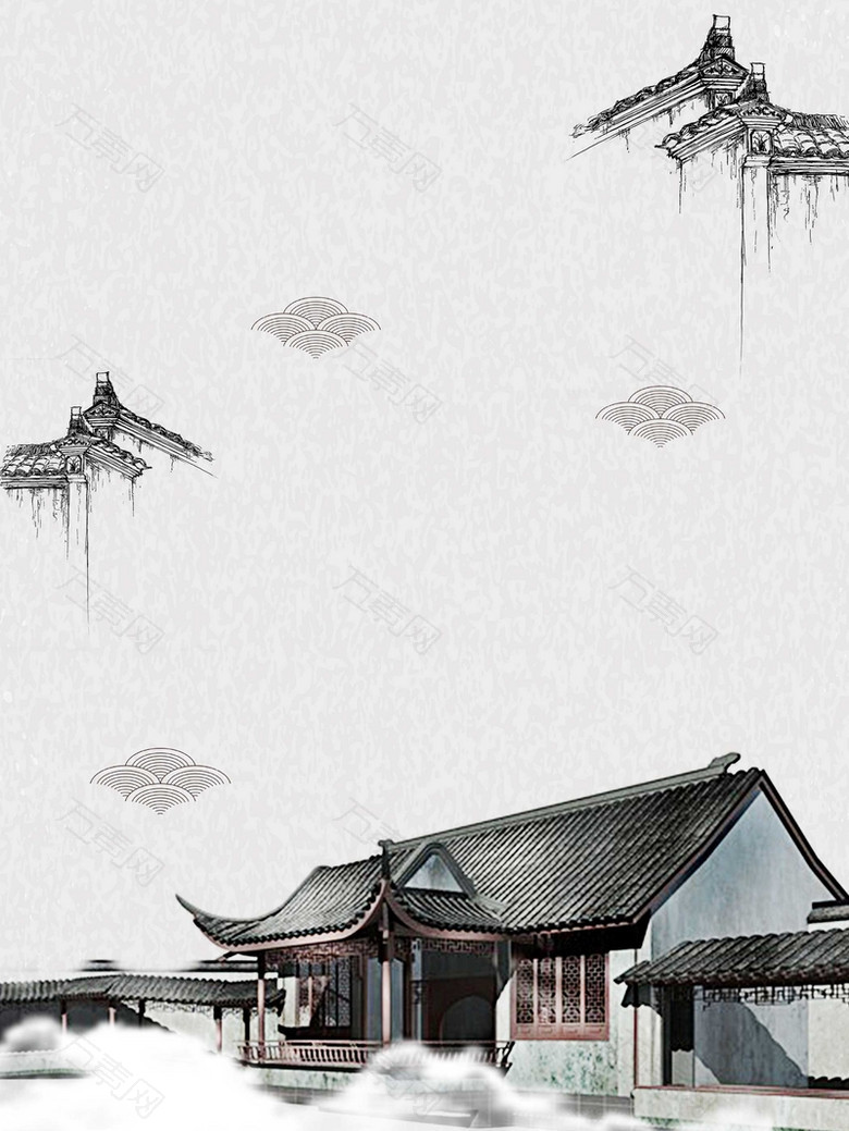中国风传统黑白色山水风景广告