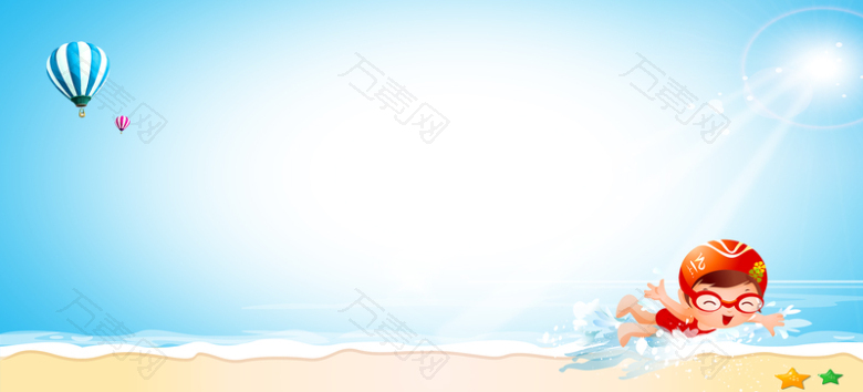 海边游泳热气球卡通童趣蓝色背景