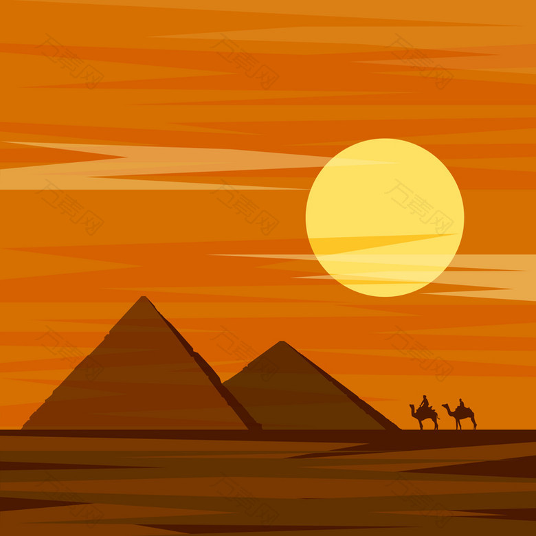 卡通手绘沙漠金字塔夕阳背景素材