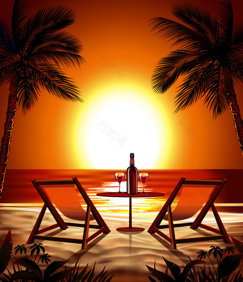 矢量夕阳沙滩椰树度假旅游背景