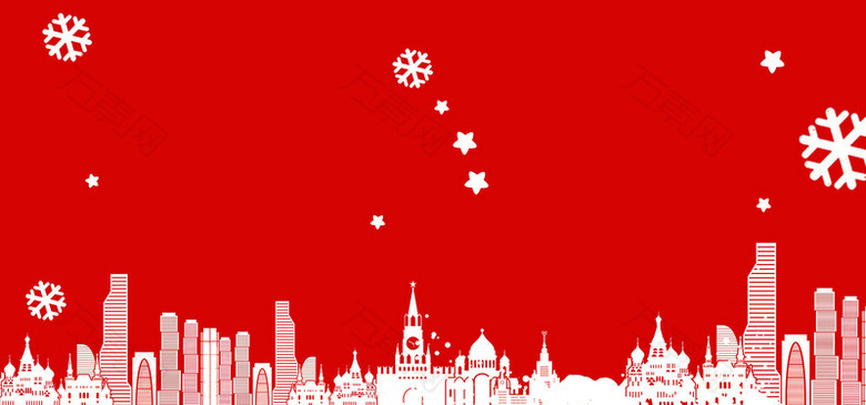 红色冬季手绘城市建筑淘宝海报背景