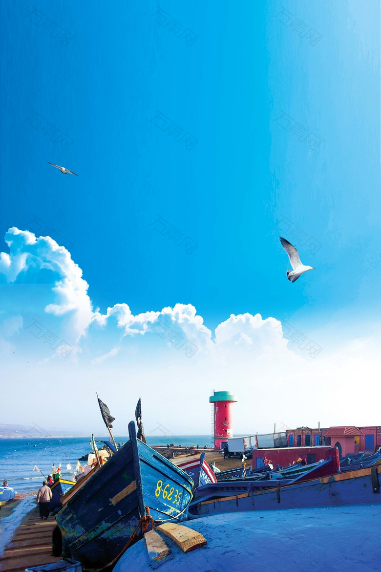 蓝色简约大气海岛旅游海报背景