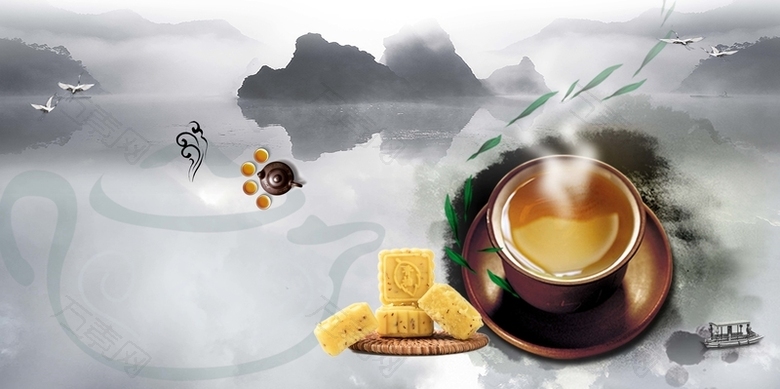 中国风水墨山水中式早茶茶点海报背景素材