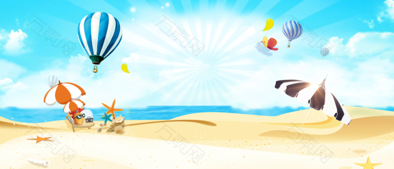 海边度假卡通景色热气球沙滩蓝色背景