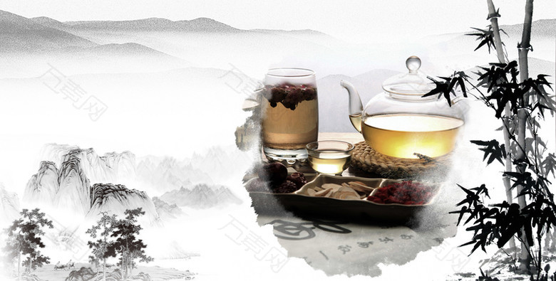 中国风山水茶壶竹子广告背景图