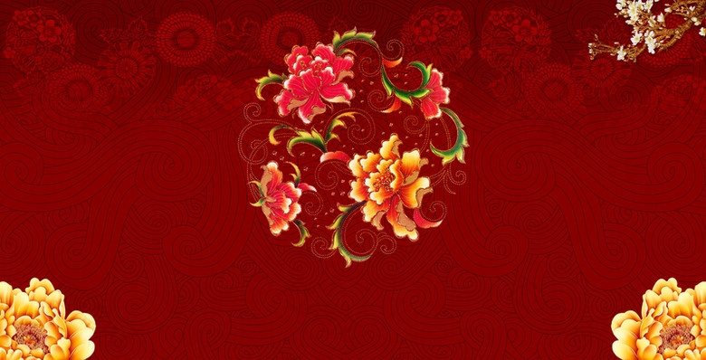 牡丹花卉中国风红色祥云底纹喜庆展板背景素