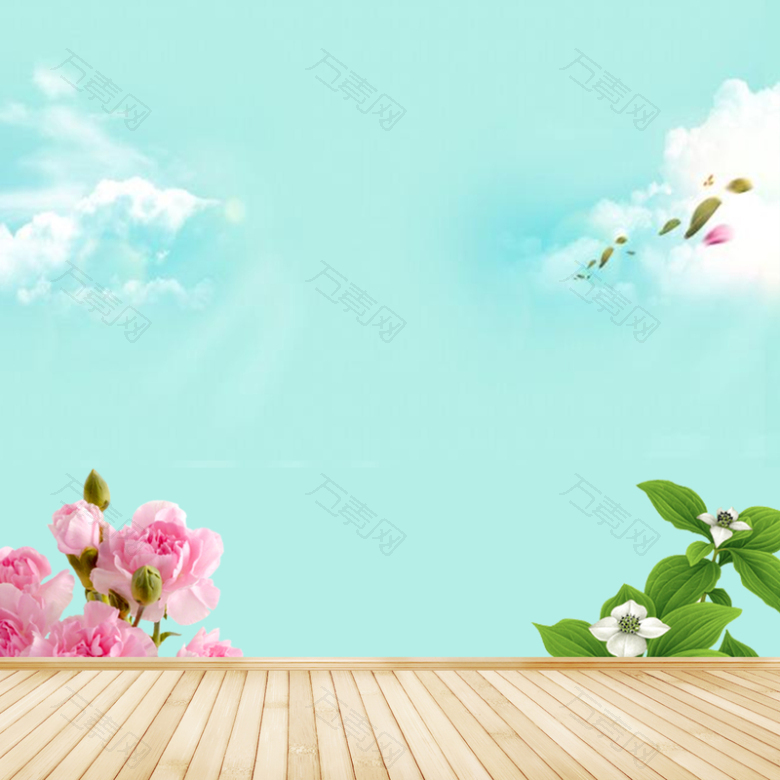 唯美蓝天白云浪漫粉色玫瑰绿草地板背景素材
