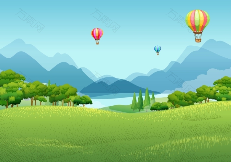 矢量风景插画草地远山热气球背景