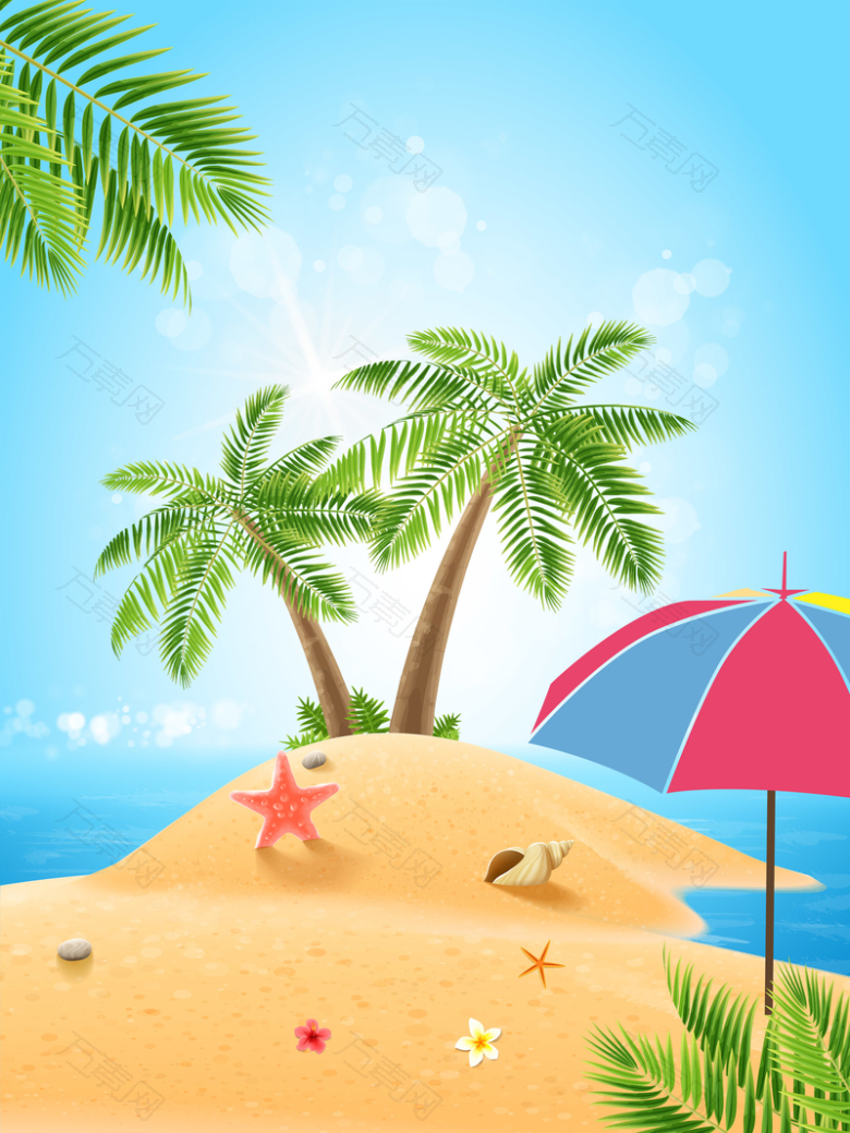 蓝天白云风景沙滩海滩椰树夏日背景素材