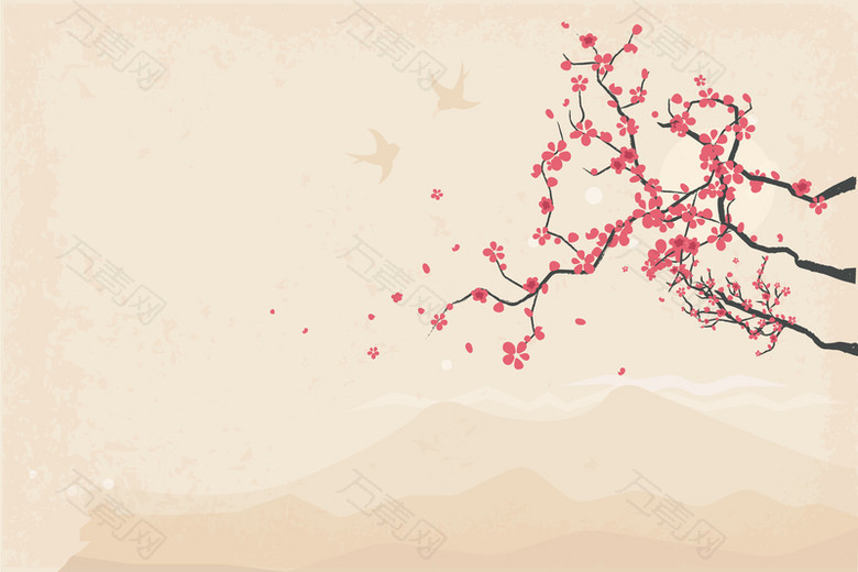 卡通扁平手绘日本樱花旅游复古背景素材