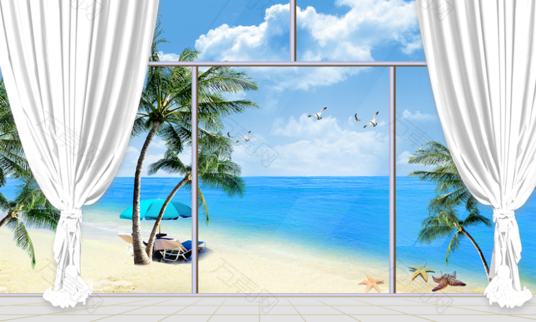 海景窗帘椰树海滩海报背景素材