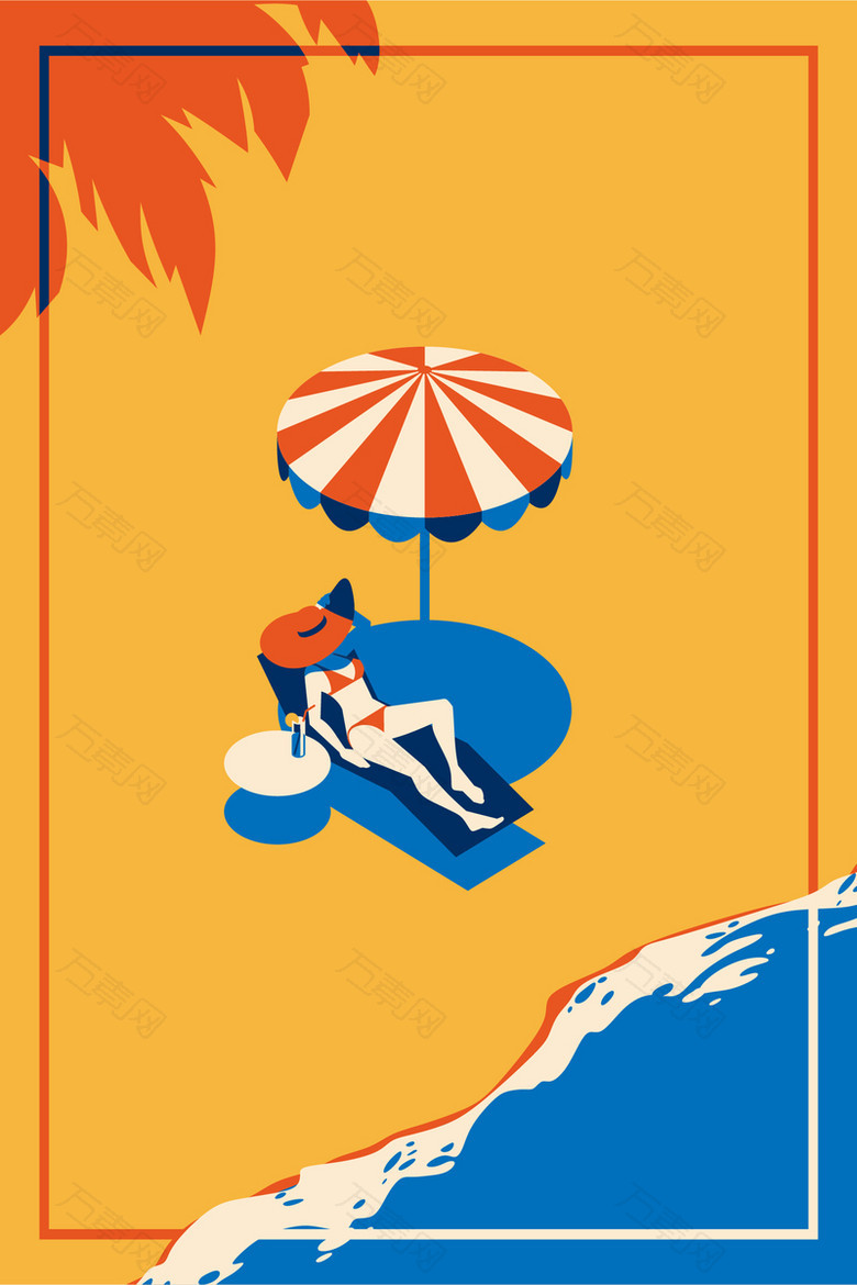 手绘夏季海滩旅游简约边框平面广告