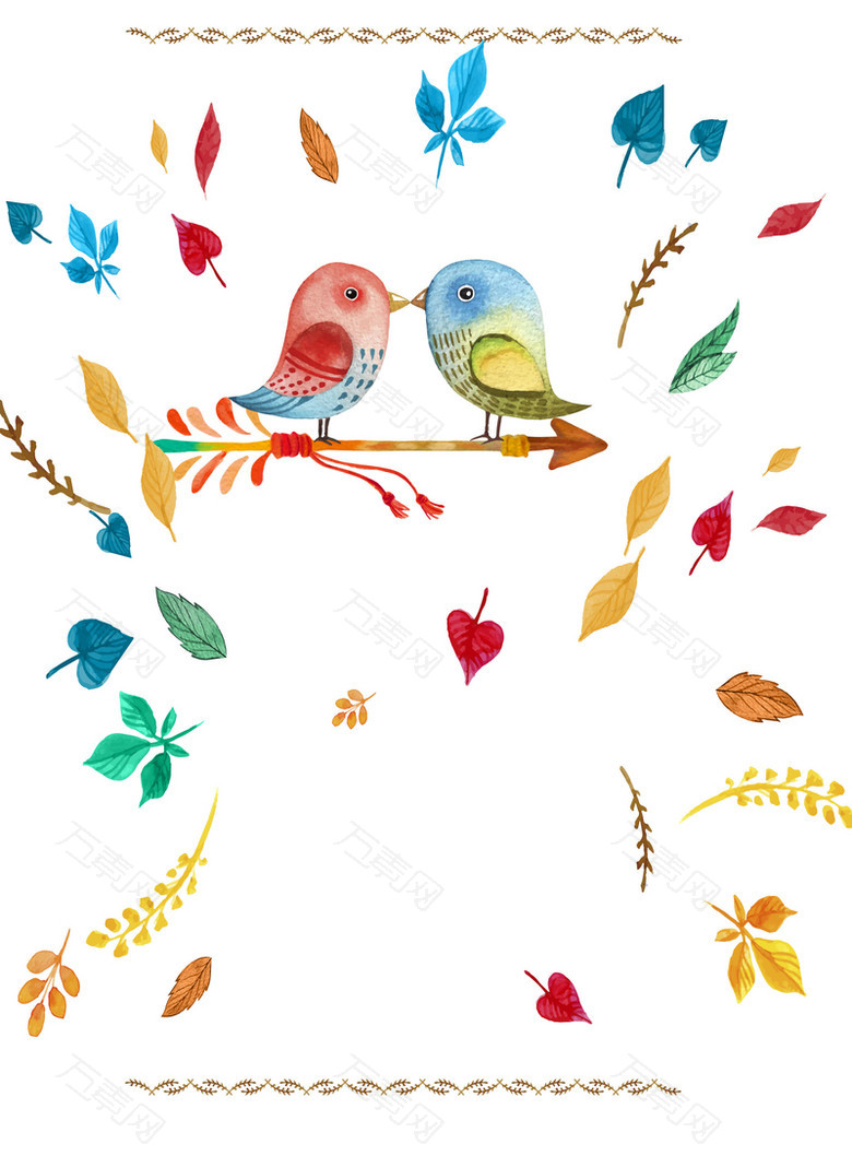 手绘水彩秋叶与情侣鸟矢量背景